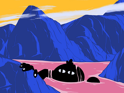 Out of water character colors design illustration lake landscape moutains procreate sky water weird