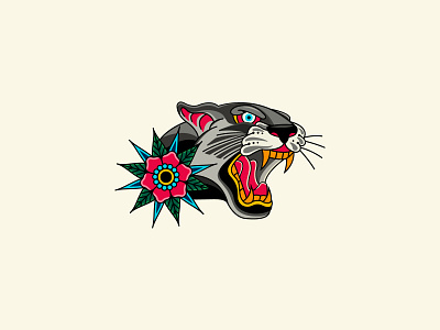 Panther Illustration american cat fangs flower illustration leaves line art panther rose tattoo teeth traditional