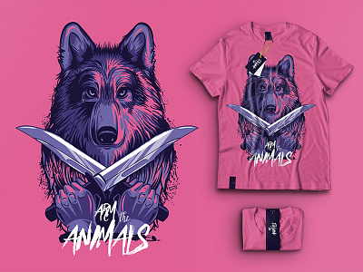 T-shirt print #1 animals drawing hands illustration jungle king pink print savage t shirt weapons wolf