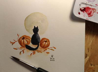 watercolor pumpkins black cat cat halloween moon pumpkin watercolor