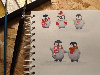 Watercolor pinguins study