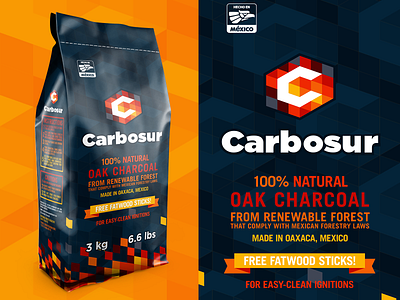 Carbosur pt II bag barbecue blue brand carbon charcoal geometrical logo mexico oak orange packaging paper red wood yellow