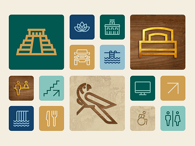 Reina Maya pt IV beige blue boutique brown chiapas gold golden green hotel icon icons iconset line linework materials mayan mexico queen wayfinding wood