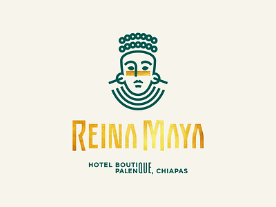 Reina Maya Hotel archeology boutique classy elegant gold golden green hotel illustration jade jungle lettering line linework logo mask mayan mexico prehispanic queen