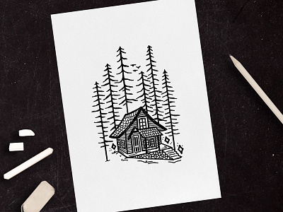 CABIN IN WOODS cabin camping drawing hand drawn illustration outdoors pen trees woods