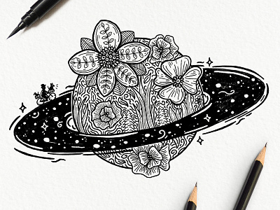 FLORAL EARTH black and white drawing earth floral flowers illustration planet space