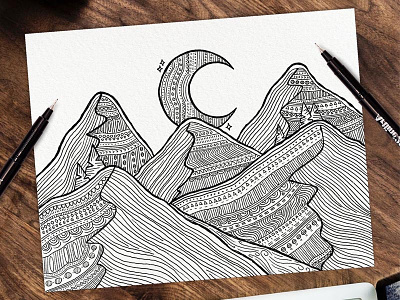 MOUNTAIN PATTERNS art bohemian drawing illustration landscape line moon mountains pattern pen pen drawing