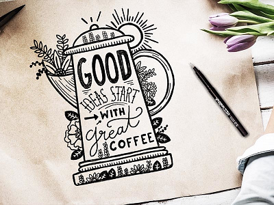 GREAT COFFEE black and white coffee drawing hand lettering hand type illustration lettering sun type