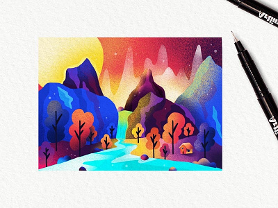 WATERFALL LANDSCAPE color colorful drawing drawing challenge illustrate illustration landscape mountains nature procreate sunrise sunset waterfall waterfalls