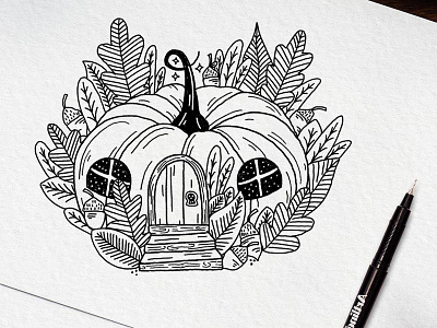 PUMPKIN HOUSE autumn black and white book drawing fall floral flowers house illustration line october pen pumpkin september simple