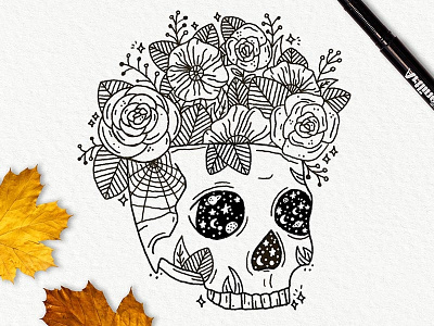 FLOWER SKULL autumn digital fall floral flower flowers halloween illustration illustration art pen procreate skull