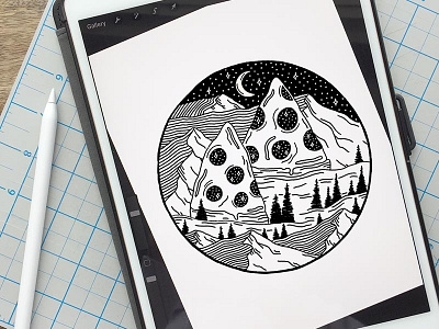 PIZZA LANDSCAPE black and white digital drawing food illustrate illustration ipad pro landscape mountains nature pizza procreate sketch