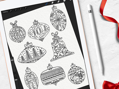 HOLIDAY ORNAMENTS black and white christmas drawing drawing ink hand lettering holiday ipad pro lettering line drawing ornaments procreate