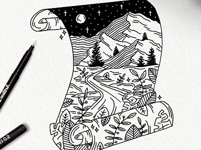 LANDSCAPE MAP apple black and white drawing floral flowers illustration illustration art illustrator leaves line line drawing map mountains nature night pen procreate sketch sketching sky