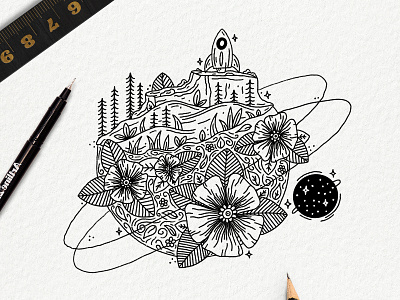 FLORAL PLANET black and white drawing illustration illustrator ink line drawing outer space planet procreate space
