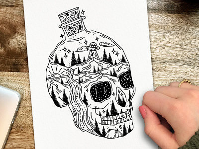 SKULL POTION black and white illustration landscape line line drawing mountains potion skull sky stars