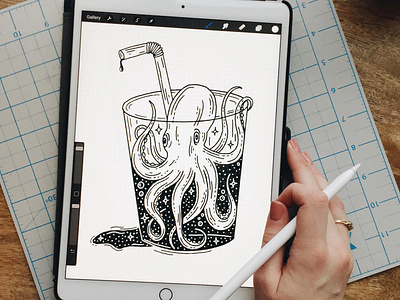 Octopus Drink animal black and white digital drawing drink illustration nature ocean ocean animal octopus outdoors pen procreate sea sea creature