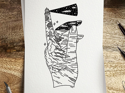 LIGHTHOUSE black and white drawing illustration ink island lighthouse line art line drawing night sea simple sketch space water
