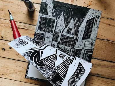 EUROPE STREET black and white block printing blockprint carving city illustration ink linocut paint print simple drawing street