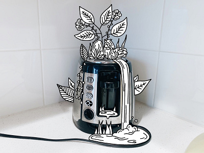 Breakfast appliances black and white breakfast conceptual drawing floral flowers illustration kitchen landscape nature procreate simple toaster