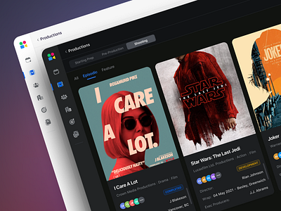 Film Production Dashboard app cards components dark ui darkmode dashboard design digital product film illustration minimal movies social app ui ux web widgets