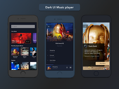 Dark UI Music Player dark dark theme design agency experience interface iphone 10 iphone 8 minimal mobile mobile app mobile app design mobileux music music player sketch app sketch3 spotify travis scott ui ui ux