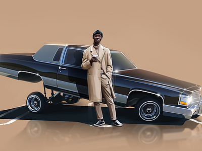 White John with 1983 Cadillac Brougham 2d animation car advertising design digital painting fashion fashion illustration gas station illustration road style