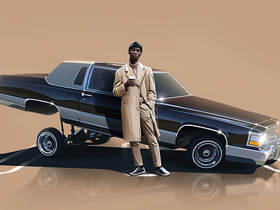 White John with 1983 Cadillac Brougham 2d animation car advertising design digital painting fashion fashion illustration gas station illustration road style