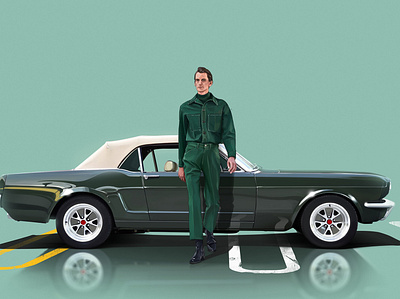 Bobby Milk with 1965 Mustang Convertible 2d design digital painting fashion design fashion illustration gas station illustration old school road style