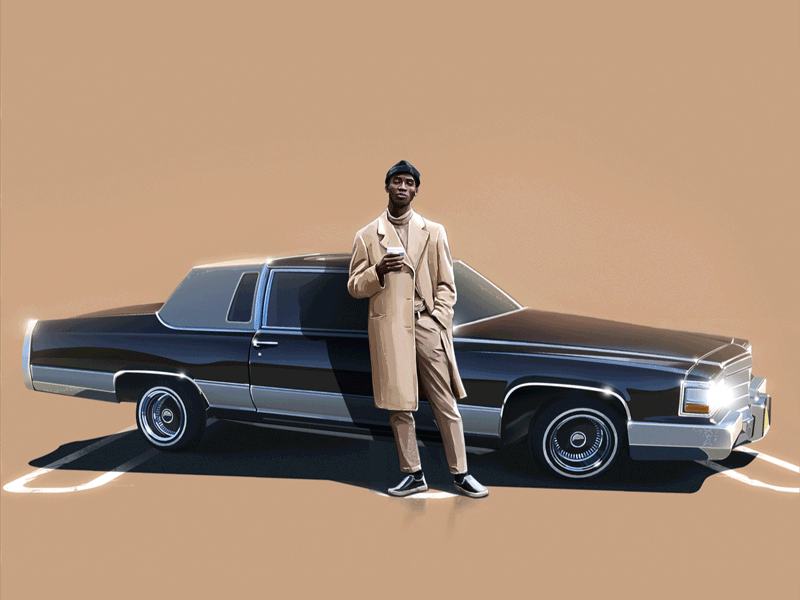 White John with 1983 Cadillac Brougham 2d animated animation cover art digital 2d digital painting fashion illustration gas station illustration motion graphic music album