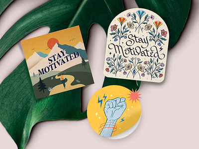 Stay Motivated - Sticker & Card Design for MantraBand botanical illustration calligraphy card design design digital art floral illustration graphics handlettering illustration illustrator lettering lettering art lettering artist merch design sticker art sticker design typography