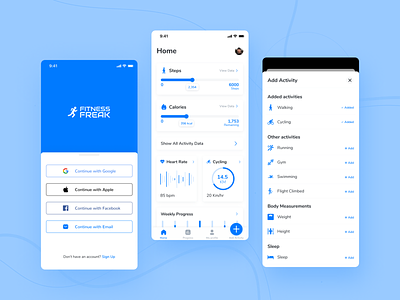 Fitness Freak Health Tracking App cardio clean color theory design figma figmadesign fitness illustration logo product design tracking typography ui ui design uxdesign workout