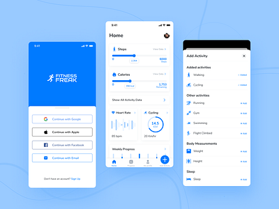 Fitness Freak Health Tracking App cardio clean color theory design figma figmadesign fitness illustration logo product design tracking typography ui ui design uxdesign workout