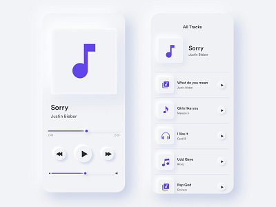 Neumorphic UI -Music Player app app design clean color theory design iconography icons illustration ios neumorphic neumorphism product design skeumorphic soft ui typography ui ui design ux uxdesign