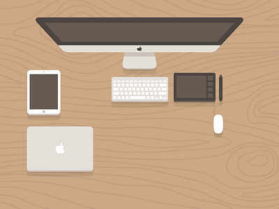 Workspace flat illustration imac ipad keyboard macbook magic mouse tablet wacom