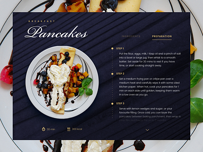 Pancakes Recipe calories dark design food modern pancakes preparation recipe ui