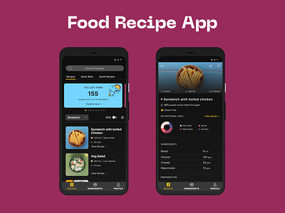 Food Recipe App 2d android app branding clean creative dark design dribbble figma flat food free freebie ios minimal mobile redesign ui ux