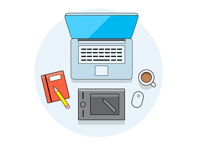 Work desk 2d adobe art blue branding character clean coffee design drawing flat icon illustration illustrator laptop minimal vector wacom work work desk