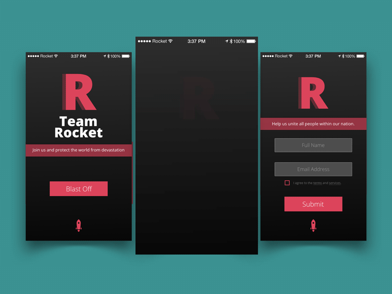 Team Rocket Recruitment App layout mobile mock-up pokemon team rocket