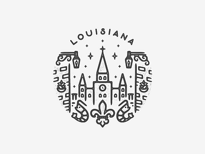 Louisiana badge black and white bourbon building cajun city french icon illustration landmark lantern louisiana minimal new orleans plant shrimp simple south texture travel