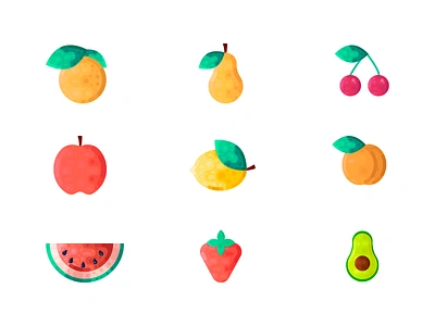 Summer fruits icons adobe apple cherryblossom flat food food and drink fruit icons fruits fruits and vegetables online icon icons illustration illustrator lemon orange sticker vector watermelon web webdesign