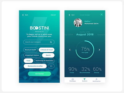Boostini app category chargement clean design field goal mobile selection ui user experience ux