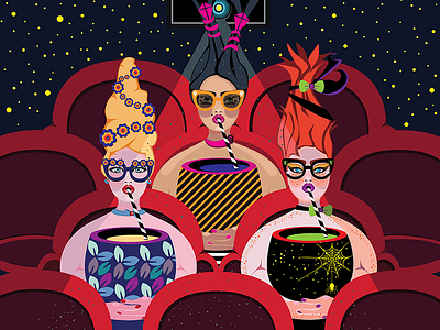 Having Fun in Movie Theater drinking soda girls illustration movie