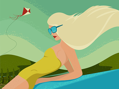 Summer Ride blondei blue girl green kite nature summer swimming suit wind yellow