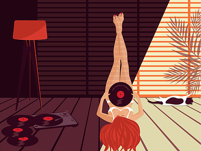 Vintage Romance cat girl music orange room summer vinyls