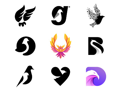 Birds animal bird icon bird logo bird mark branding eagle flat logo gradient heart identity logo logo set logofolio pigeon stork toucan