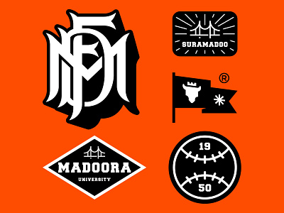 Madoora University badge banner branding bridge bull flag logo logo design mark monogram orange varsity