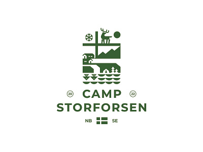 Camp Storforsen badge branding camp camping deer house identity designer illustration logo logo design mountain outdoor sun tent typography waterfall