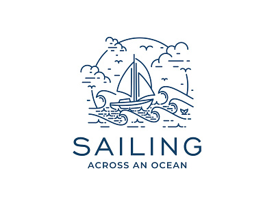 Sailing Across an Ocean boat branding clouds design identity illustration lines logo mark ocean sailing sea ship sky transport vector wave waves