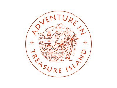 Adventure in Treasure Island badge beach branding flat illustration island lighthouse logo mountain ocean palm tree pirate sea treasure tropical vector